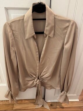 Ramy Brook Taupe Tie-Front Satin Blouse